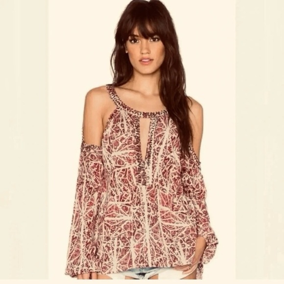 Free People Rayon Good Morning Beaded Cold Shoulder Red Sexy Top SS - Picture 1 of 8